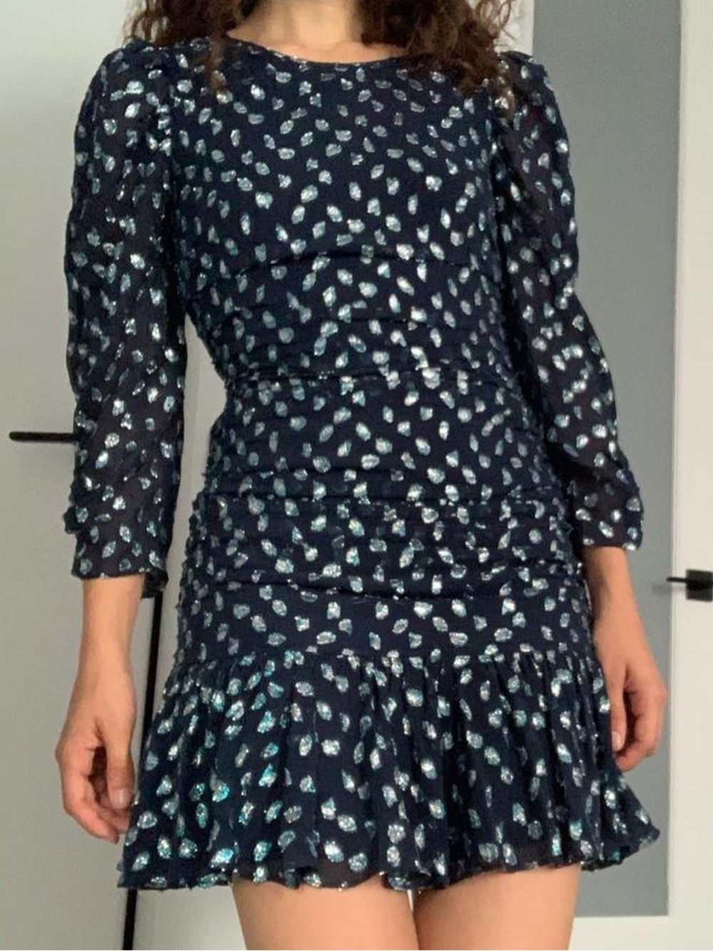Tanya Taylor “Raven” Silk Ruffle Dress in Metallic Blue